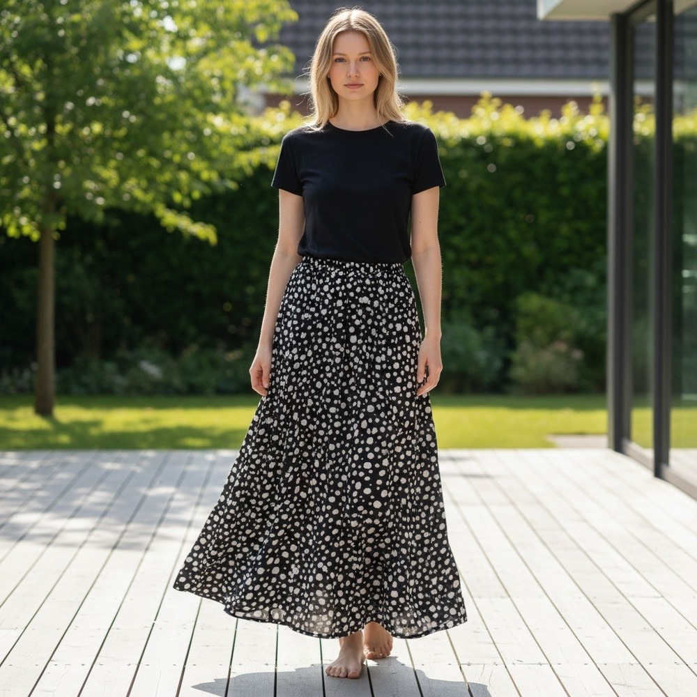 Cathy Daniels Maxi Skirt Womens L Black White Polka Dot Elastic Waist Summer